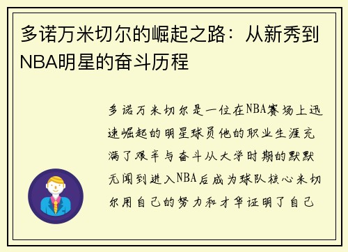 多诺万米切尔的崛起之路：从新秀到NBA明星的奋斗历程